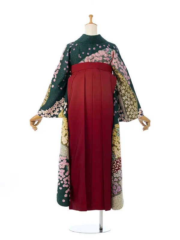 振袖袴 5S461 H53-25-2 深緑ﾗﾒ織|えんじ赤桜刺繍95