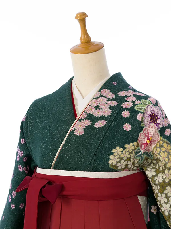 振袖袴 5S461 H53-25-2 深緑ﾗﾒ織|えんじ赤桜刺繍95