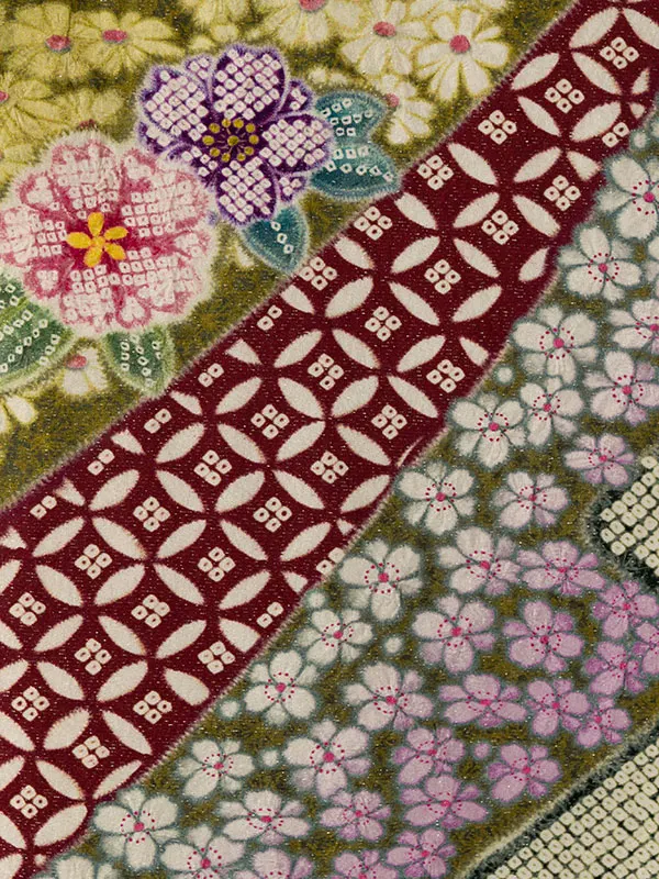 振袖袴 5S461 H53-25-2 深緑ﾗﾒ織|えんじ赤桜刺繍95