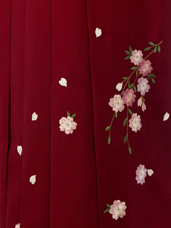 振袖袴 5S461 H53-25-2 深緑ﾗﾒ織|えんじ赤桜刺繍95