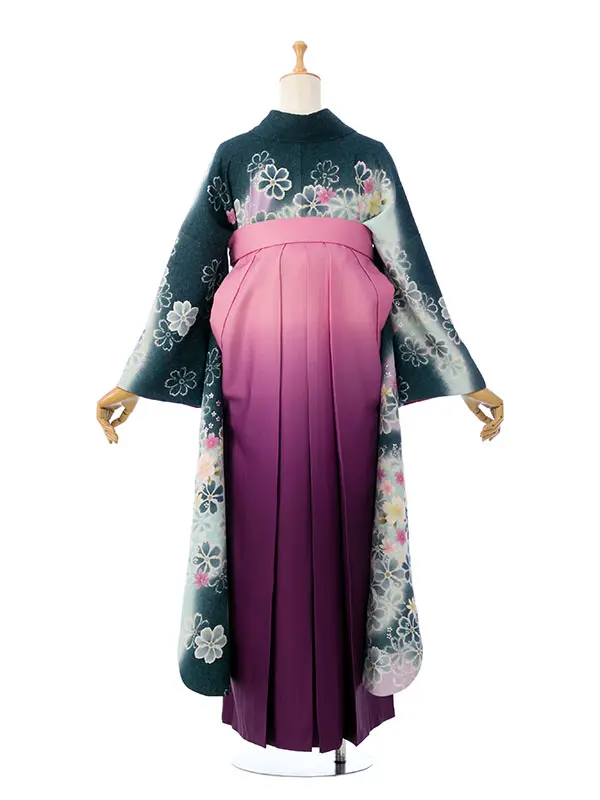 振袖袴 5S851 HDLY177 深緑ぼかしﾗﾒ織 桜|紫/ﾋﾟﾝｸぼかし99