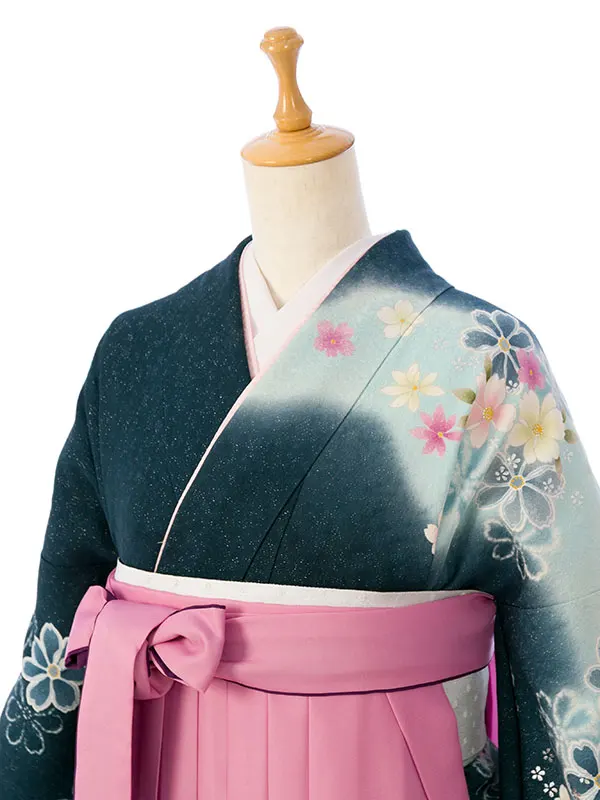 振袖袴 5S851 HDLY177 深緑ぼかしﾗﾒ織 桜|紫/ﾋﾟﾝｸぼかし99