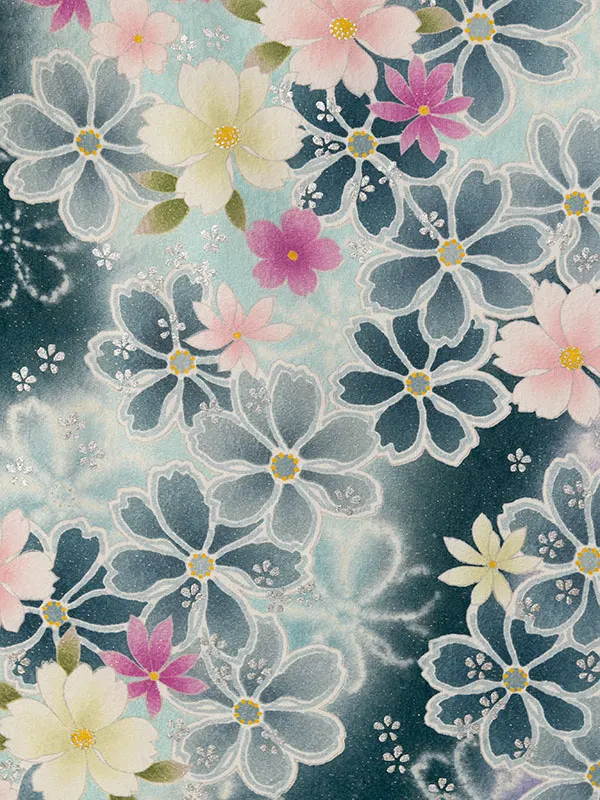 振袖袴 5S851 HDLY177 深緑ぼかしﾗﾒ織 桜|紫/ﾋﾟﾝｸぼかし99