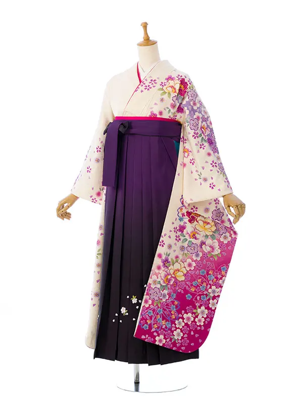 振袖袴 6S069 H056-25-12 白 ﾋﾟﾝｸ 牡丹 桜|紫ぼかし袴95