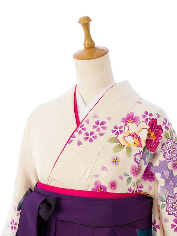 振袖袴 6S069 H056-25-12 白 ﾋﾟﾝｸ 牡丹 桜|紫ぼかし袴95