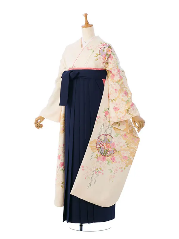 振袖袴 6S077 H033-27-1 白 花雪輪に金雲取りに桜 紺103