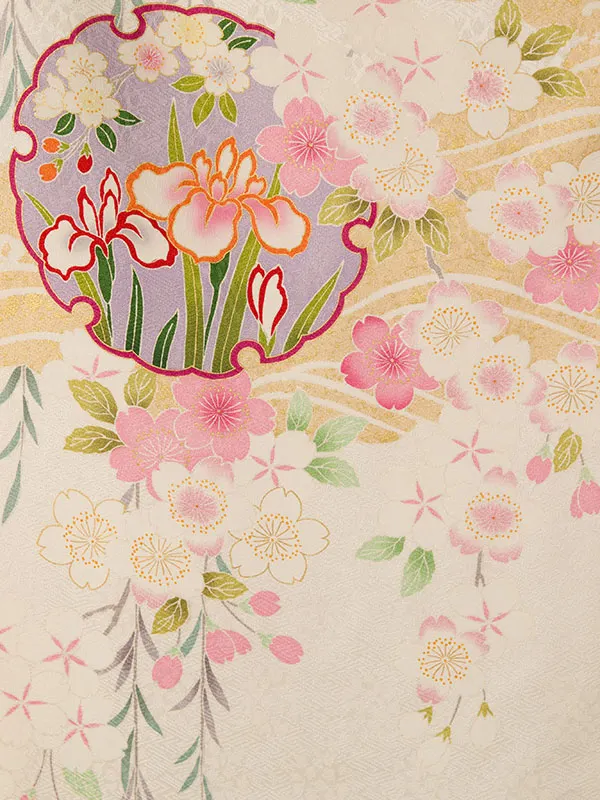 振袖袴 6S077 H033-27-1 白 花雪輪に金雲取りに桜 紺103