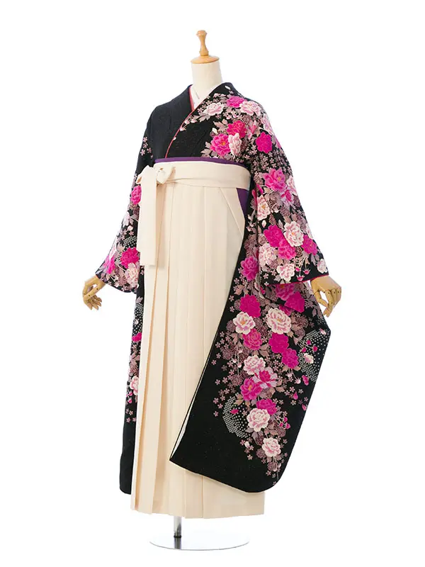 振袖袴 6S118 HDLY214 黒地ﾗﾒﾋﾟﾝｸ白牡丹 |ｸﾘｰﾑ白99