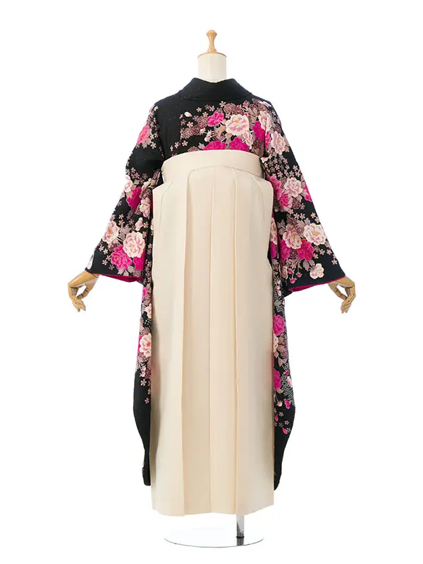 振袖袴 6S118 HDLY214 黒地ﾗﾒﾋﾟﾝｸ白牡丹 |ｸﾘｰﾑ白99