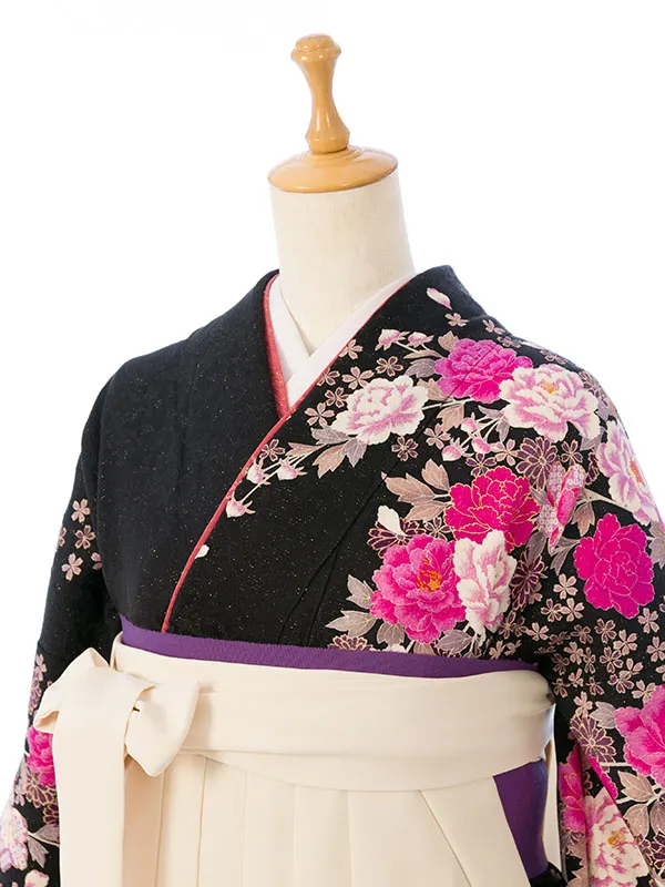 振袖袴 6S118 HDLY214 黒地ﾗﾒﾋﾟﾝｸ白牡丹 |ｸﾘｰﾑ白99