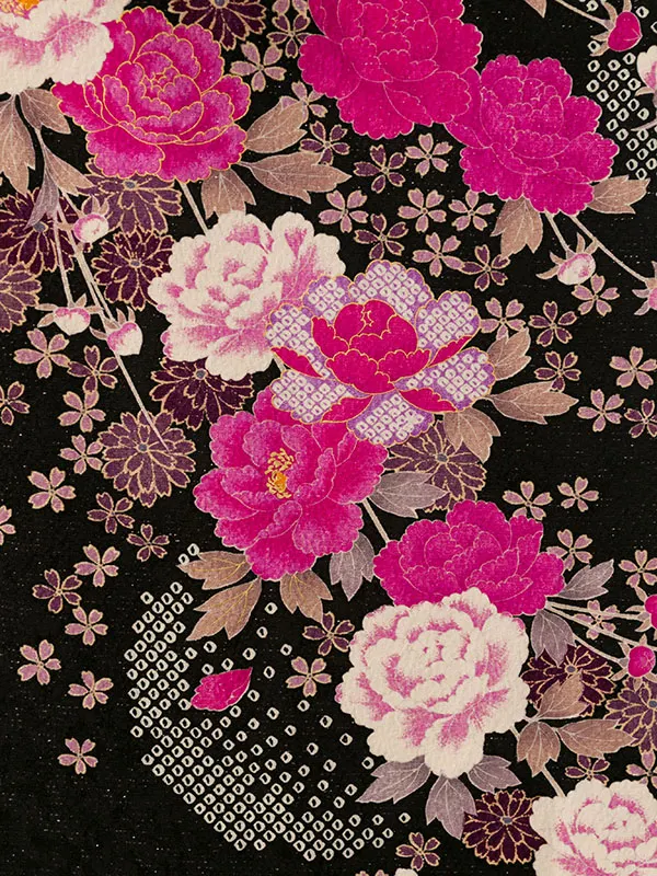 振袖袴 6S118 HDLY214 黒地ﾗﾒﾋﾟﾝｸ白牡丹 |ｸﾘｰﾑ白99