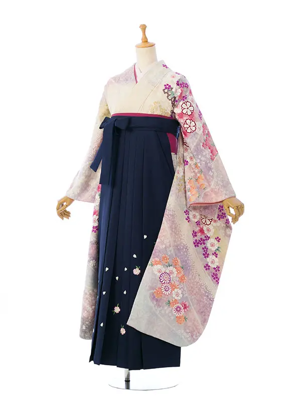 振袖袴 6S236 H115-26-7 白地 ﾗﾒ織 桜と菊|紺袴 桜99