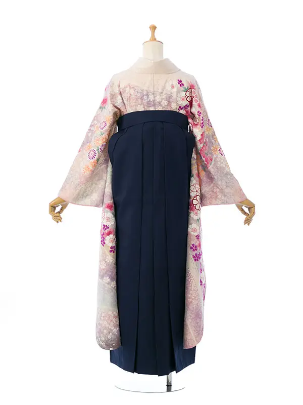 振袖袴 6S236 H115-26-7 白地 ﾗﾒ織 桜と菊|紺袴 桜99