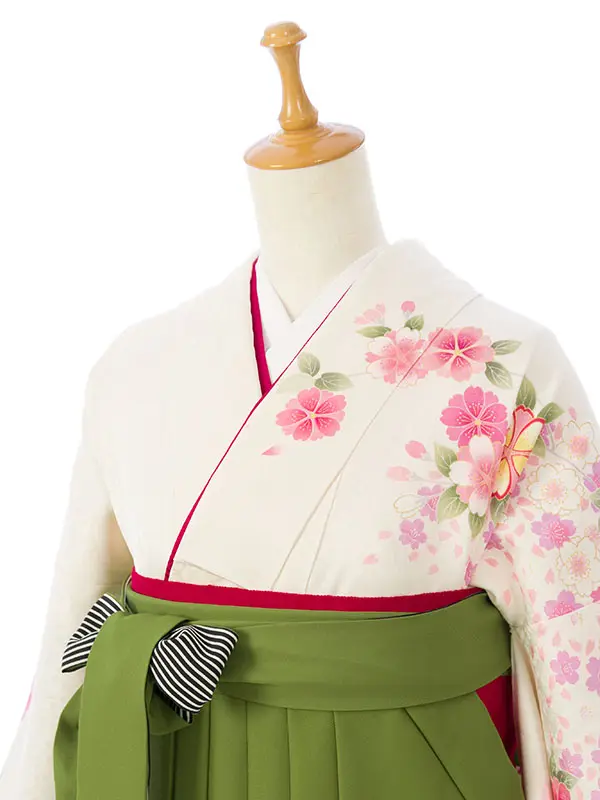 振袖袴 7S770 H194-25-6 白地 裾ﾋﾟﾝｸ 桜 菊|抹茶 椿 95