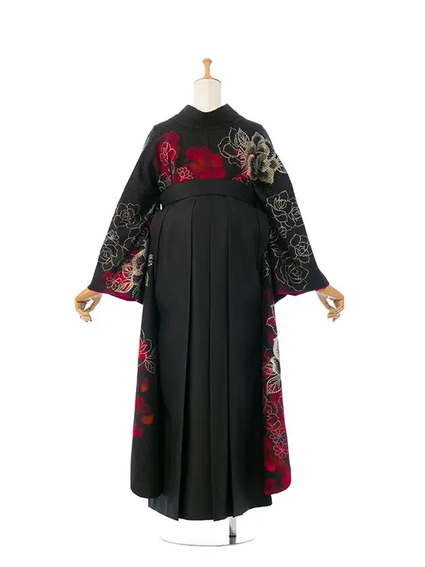 振袖袴 8S225 HDLY594 黒ﾗﾒ織 赤薔薇 |黒95cm