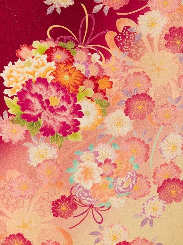 振袖袴 5S948 H055-26-6 赤 花束 裾ｸﾘｰﾑ|ｸﾞﾘｰﾝ桜99