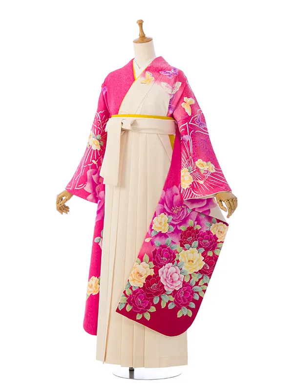 振袖袴 7S250 H157-26-7 ﾋﾟﾝｸ×白ﾗﾒ織 薔薇|ｸﾘｰﾑ99