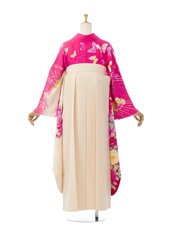 振袖袴 7S250 H157-26-7 ﾋﾟﾝｸ×白ﾗﾒ織 薔薇|ｸﾘｰﾑ99