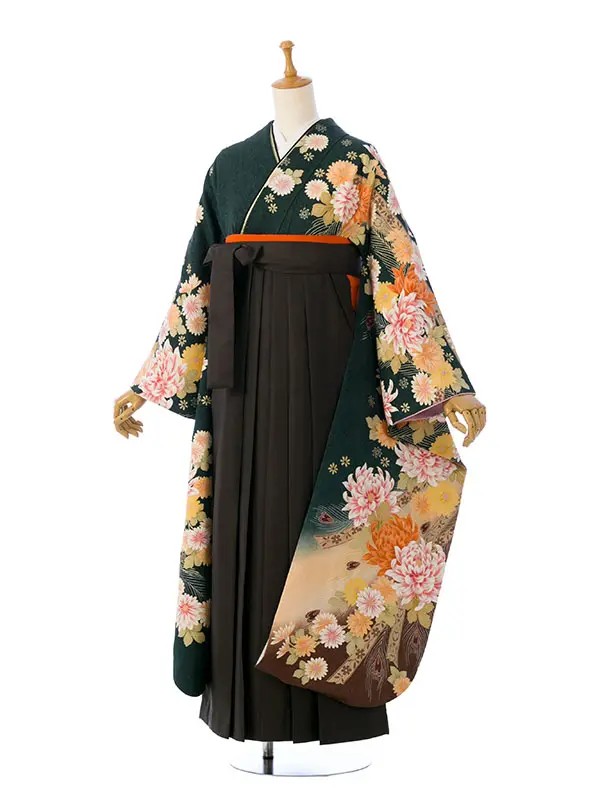 振袖袴 6S434 HDLY824 緑地ﾗﾒ 花ﾌﾞｰｹ 羽根|ﾁｬｺｰﾙ99