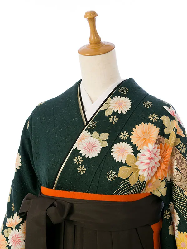 振袖袴 6S434 HDLY824 緑地ﾗﾒ 花ﾌﾞｰｹ 羽根|ﾁｬｺｰﾙ99