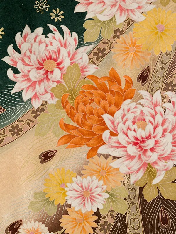 振袖袴 6S434 HDLY824 緑地ﾗﾒ 花ﾌﾞｰｹ 羽根|ﾁｬｺｰﾙ99