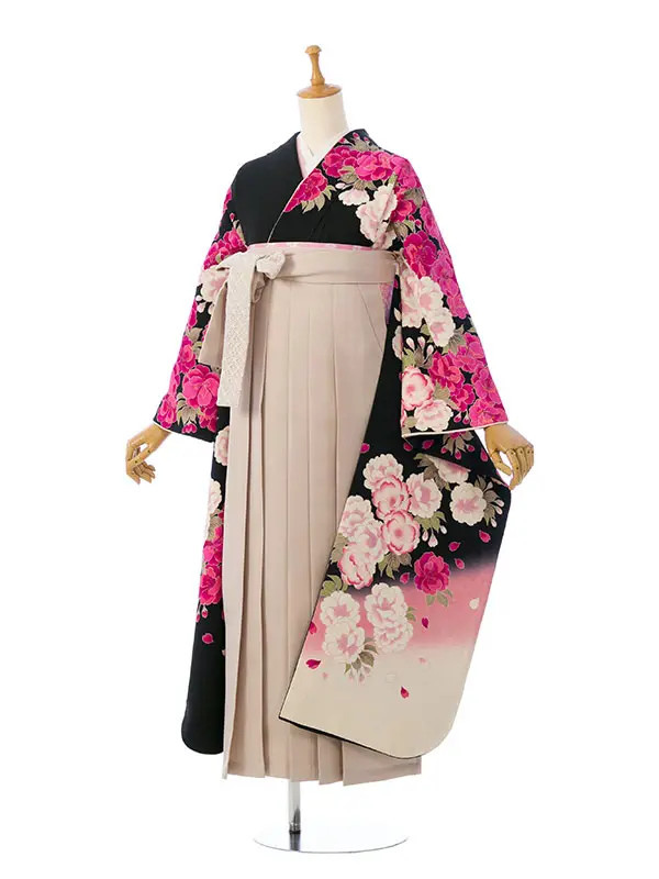振袖袴 6S192 HDLY825 黒地 裾白 八重桜|ﾍﾞｰｼﾞｭ91