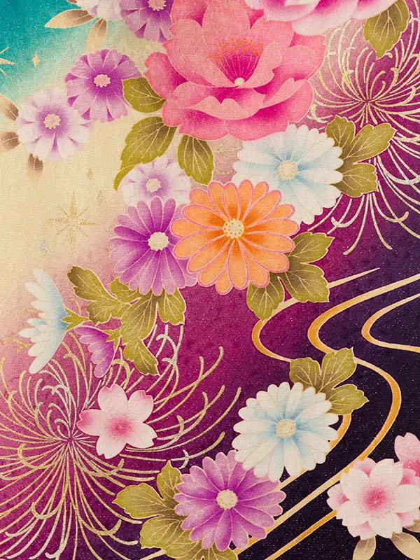 振袖袴 6S398 HDLY826  ｸﾞﾘｰﾝﾗﾒ織ぼかし 四季花|黒95