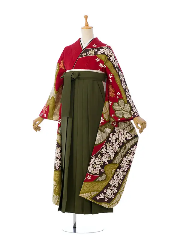 振袖袴 6S749 H135-25-7 赤地 熨斗に桜 絞り柄