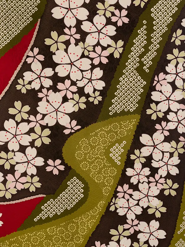 振袖袴 6S749 H135-25-7 赤地 熨斗に桜 絞り柄