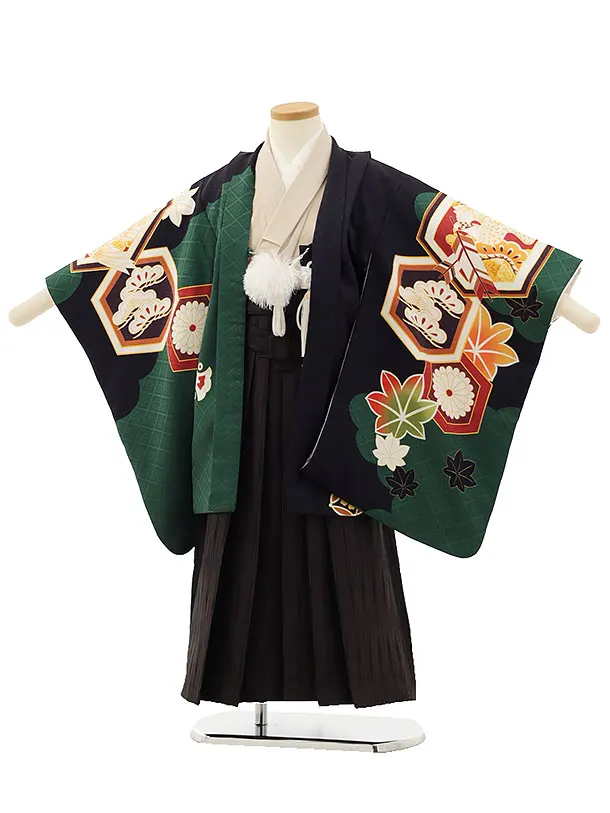 RENCA(5歳男袴)かんたん七五三5003 緑/亀甲紋に鷹xこげ茶袴