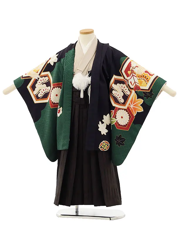 RENCA(5歳男袴)かんたん七五三5003 緑/亀甲紋に鷹xこげ茶袴