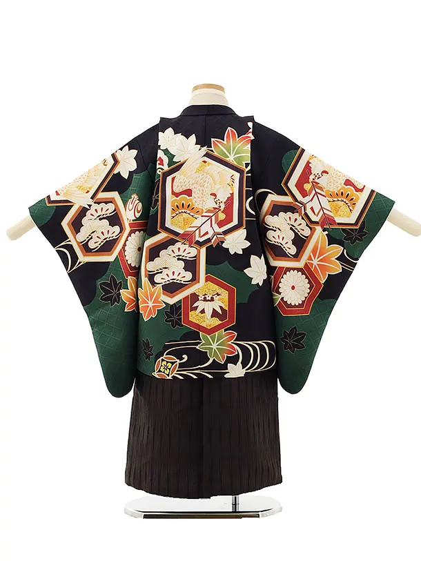 RENCA(5歳男袴)かんたん七五三5003 緑/亀甲紋に鷹xこげ茶袴