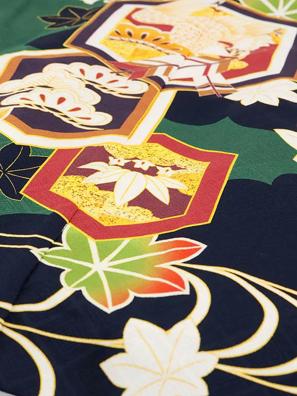 RENCA(5歳男袴)かんたん七五三5003 緑/亀甲紋に鷹xこげ茶袴