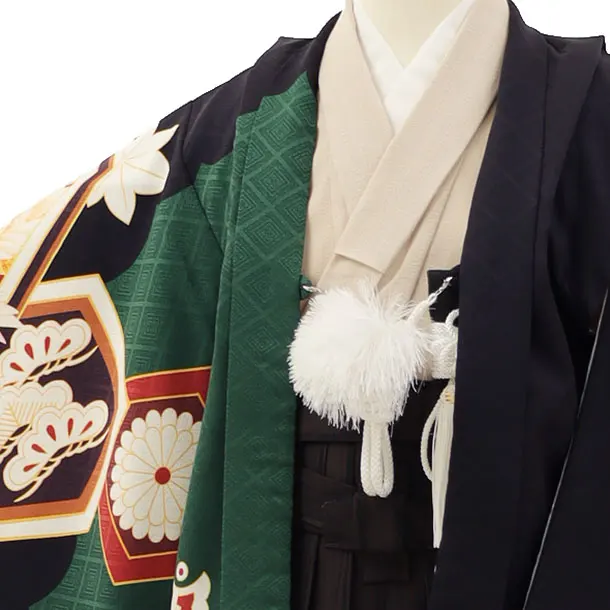 RENCA(5歳男袴)かんたん七五三5003 緑/亀甲紋に鷹xこげ茶袴