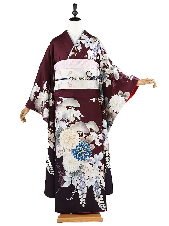 振袖 銀彩友禅 エンジ 0630