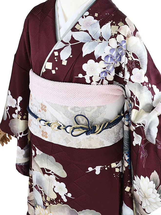 振袖 銀彩友禅 エンジ 0630