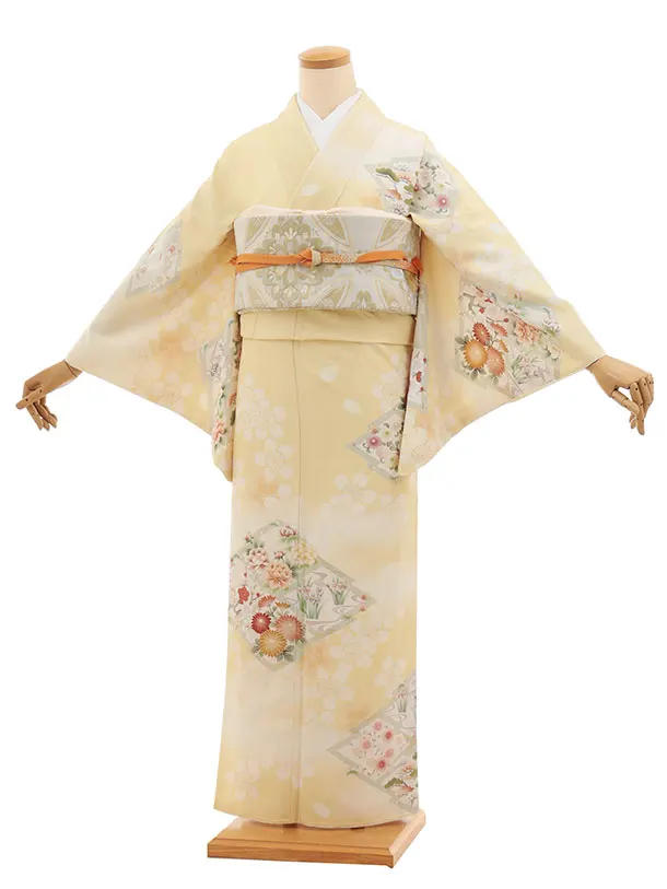 訪問着 華徒然 クリーム 松皮菱に花 6441