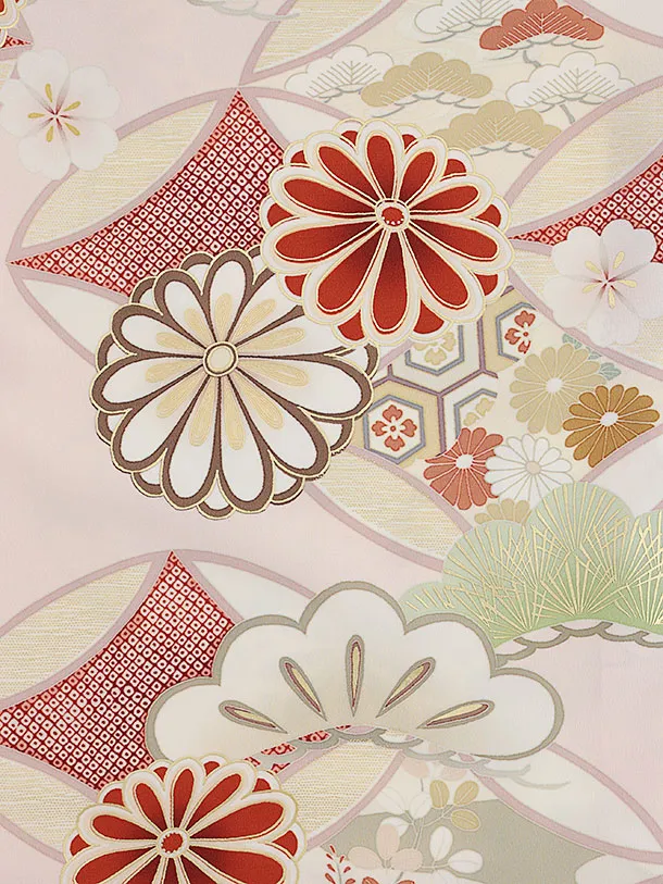 訪問着 紅一点 ピンク 七宝に菊 6444