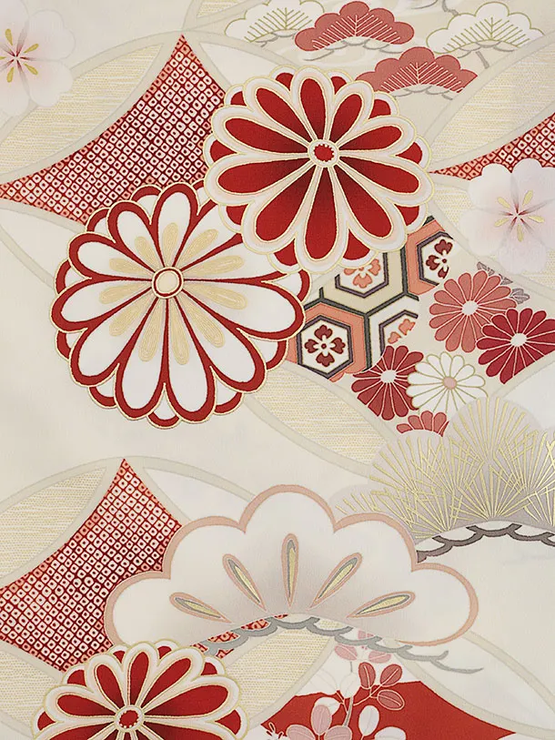 訪問着 紅一点 クリーム 七宝に菊 6445