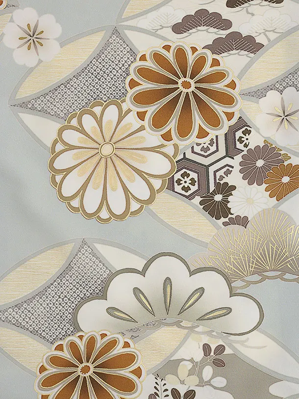 訪問着 紅一点 グレー 七宝に菊 6446