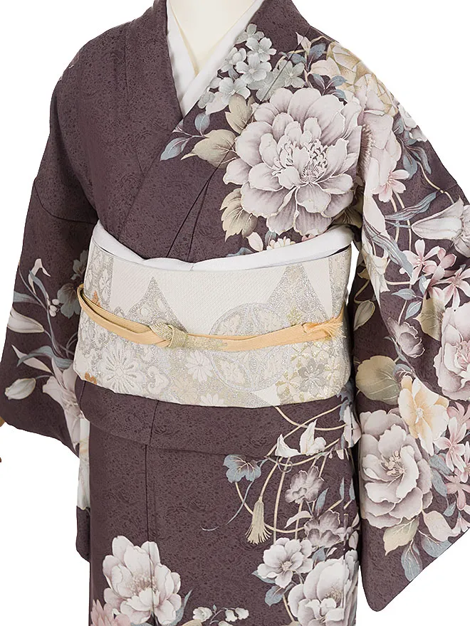 訪問着 くすみｶﾗｰ 牡丹 ﾁｬｺｰﾙｸﾞﾚｰ 6448