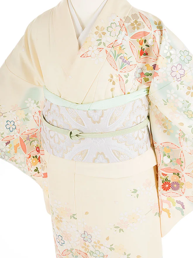 訪問着 japanstyle 黄色 七宝×桜 幅広 6470