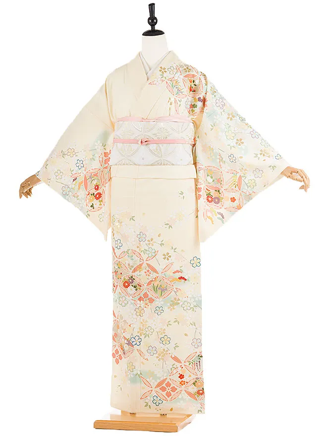 訪問着 japanstyle 黄色 七宝×桜 幅広 6471