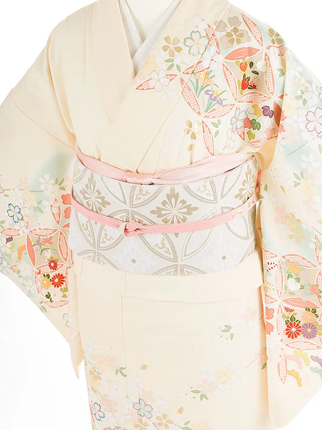訪問着 japanstyle 黄色 七宝×桜 幅広 6471