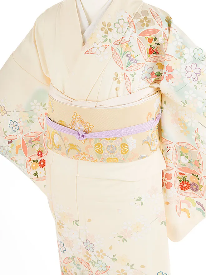 訪問着 japanstyle 黄色 七宝×桜 幅広 6472