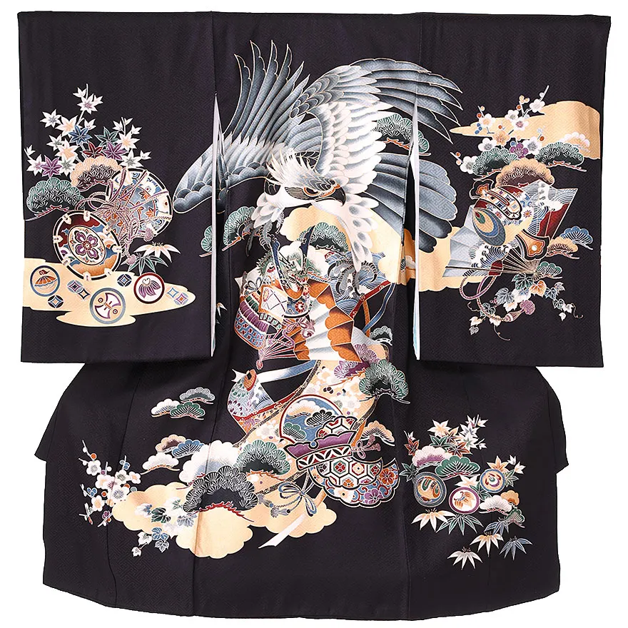  男児産着(お宮参り)  正絹 黒 鷹 0120