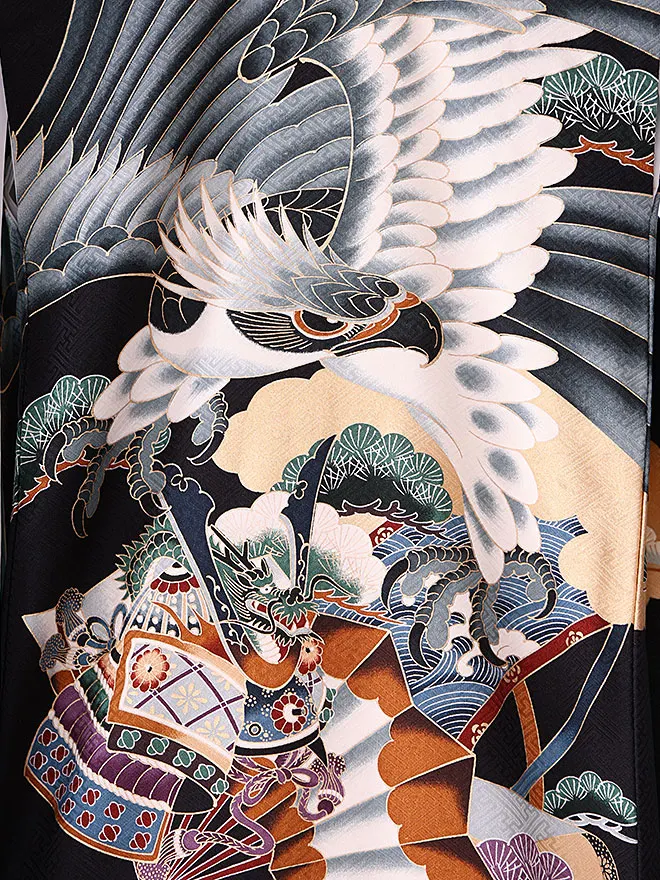  男児産着(お宮参り)  正絹 黒 鷹 0120