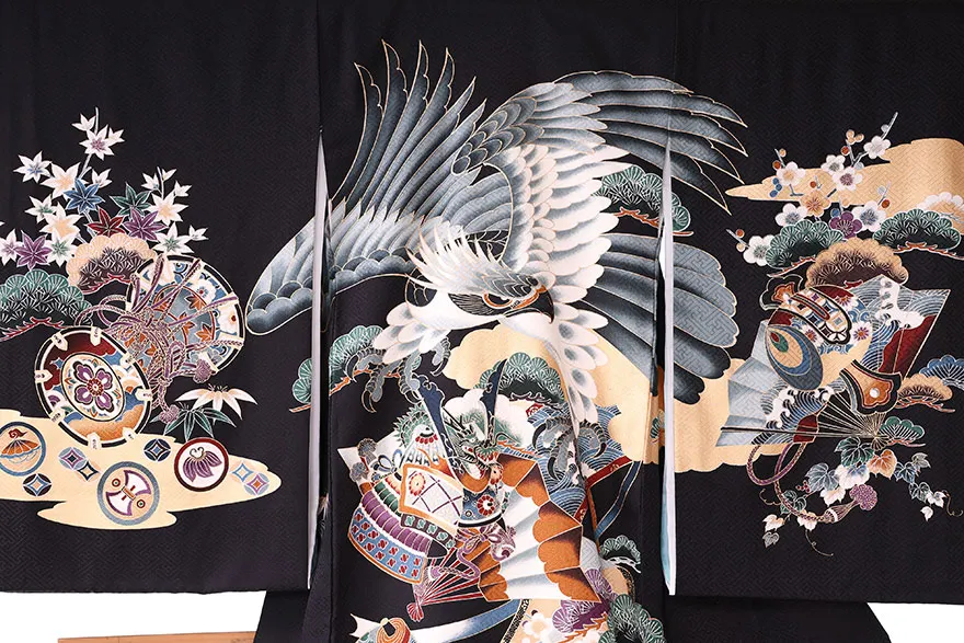  男児産着(お宮参り)  正絹 黒 鷹 0120