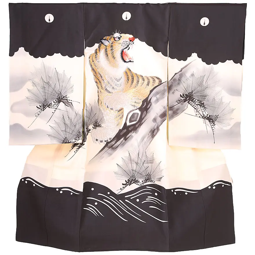  男児産着(お宮参り)  正絹 黒 虎 墨絵風 0121