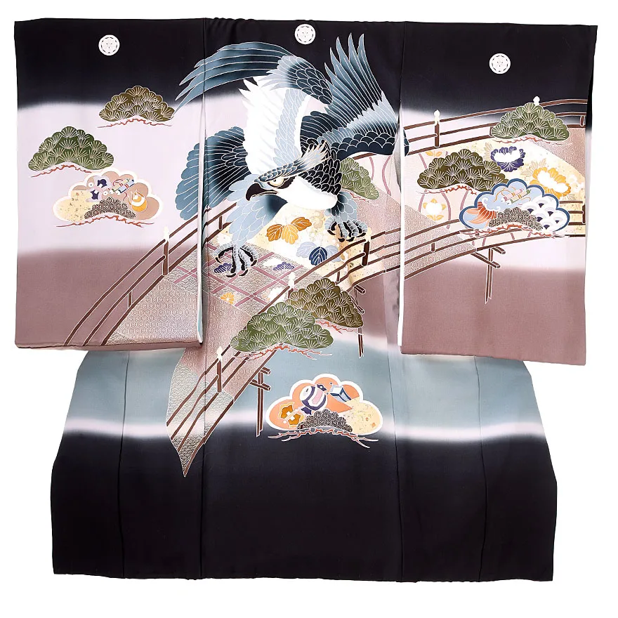  男児産着(お宮参り)  正絹 黒 鷹 0122